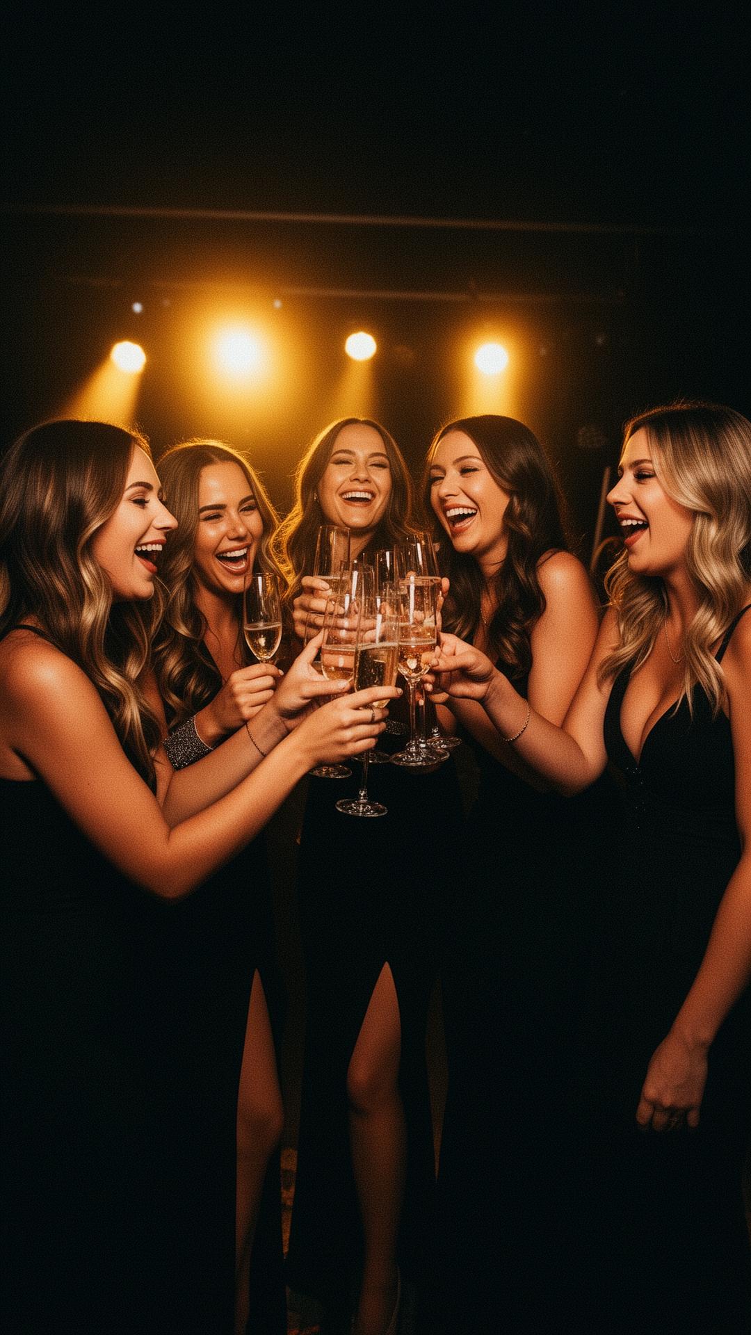 Bachelorette party celebrating with champagne under stage lights in Myrtle Beach