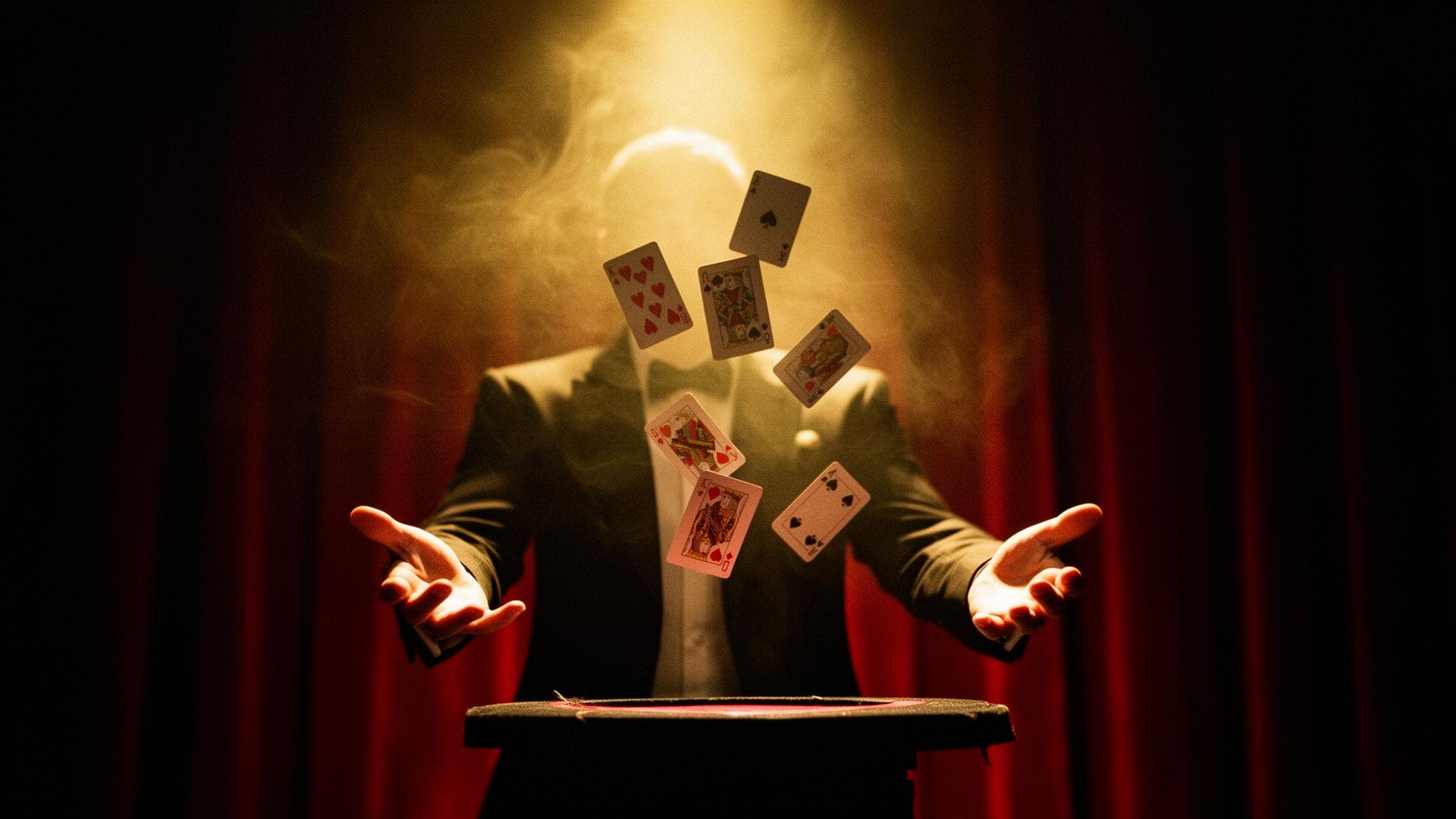 Magician with floating playing cards on stage
