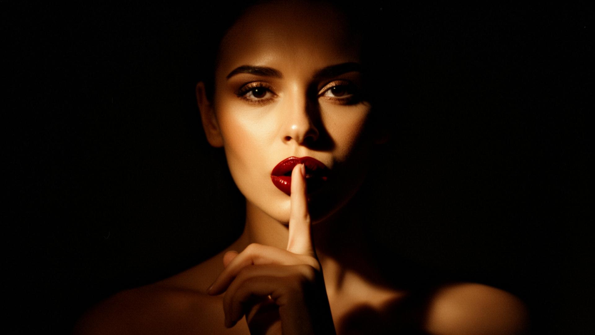 Woman with red lipstick holding finger to her lips — Can You Keep A Secret