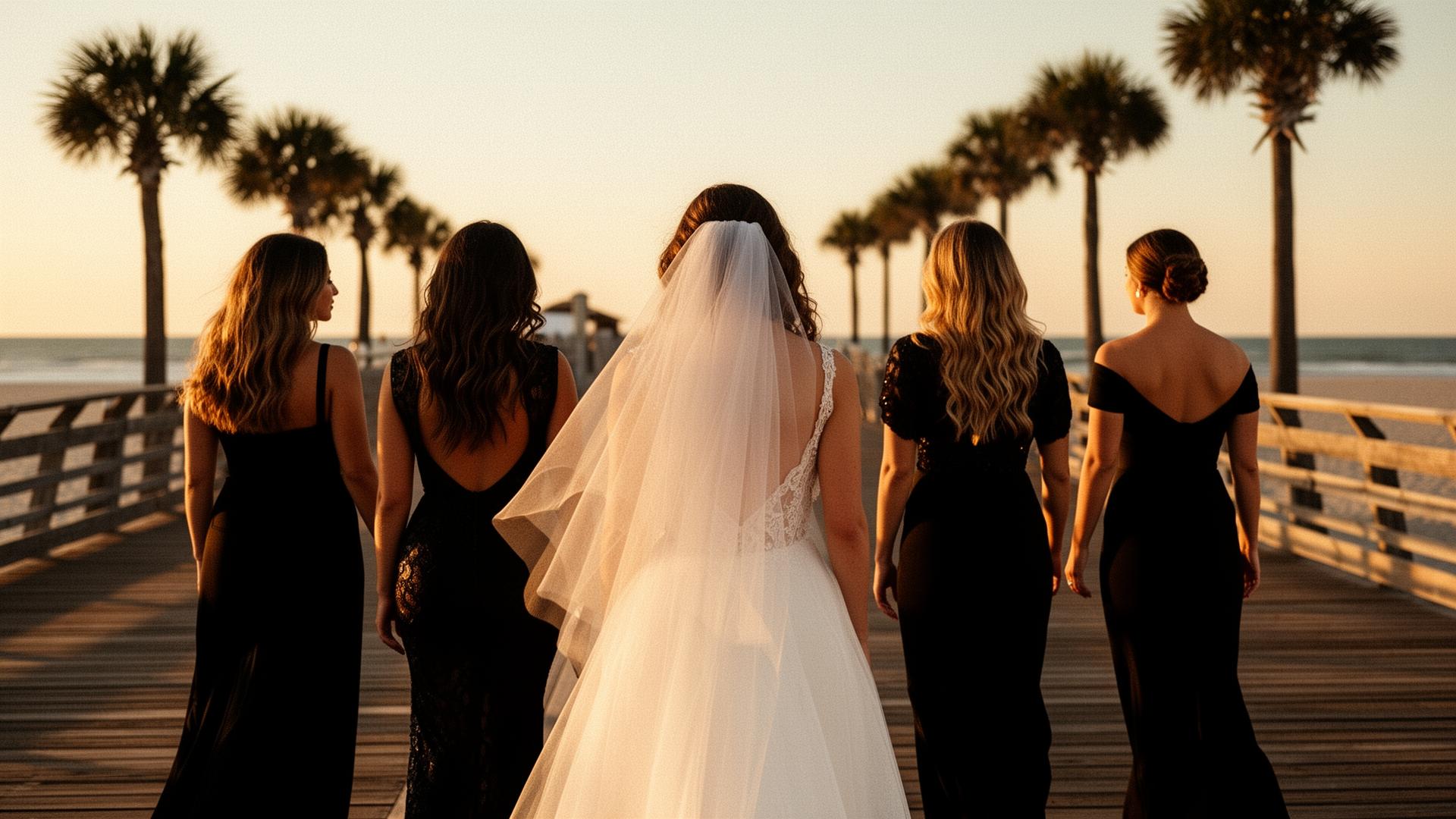 Bride tribe walking the Myrtle Beach boardwalk at sunset
